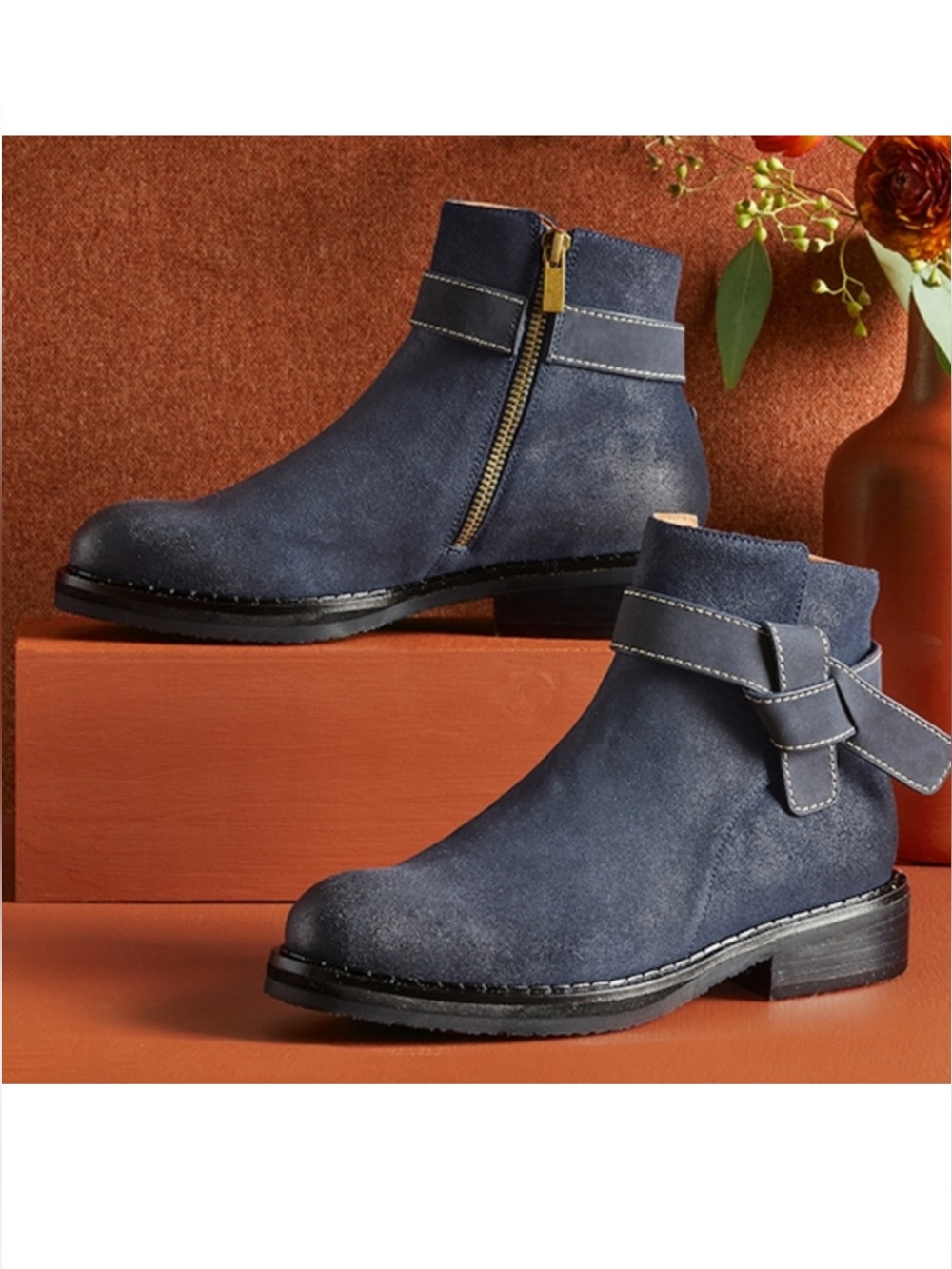 Sundance Boots Jamie Bonfire Chelsea Suede Ankle Bow Classic Navy 8